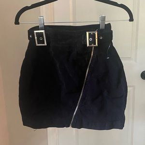 Black Corduroy mini Skirt with Buckle and Zipper Detail